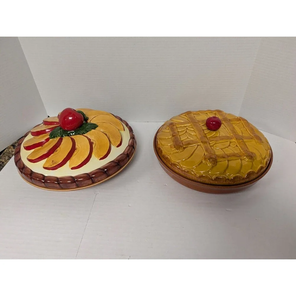 2 Vintage Ceramic Lidded Apple Pie Keepers/ Serving Dish 12.5